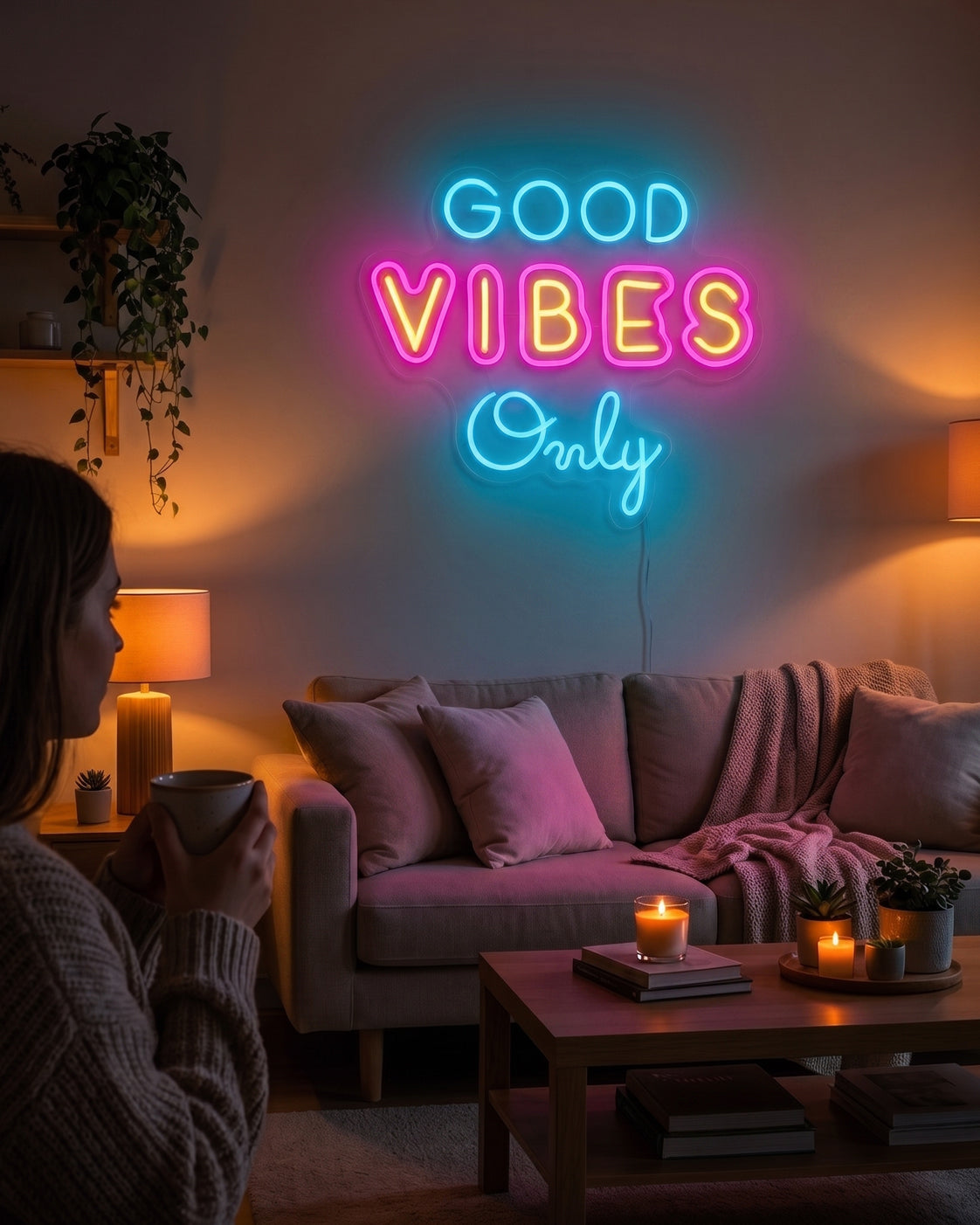 Un soggiorno caldo personalizzato con un buon segno di neon Vibes Only