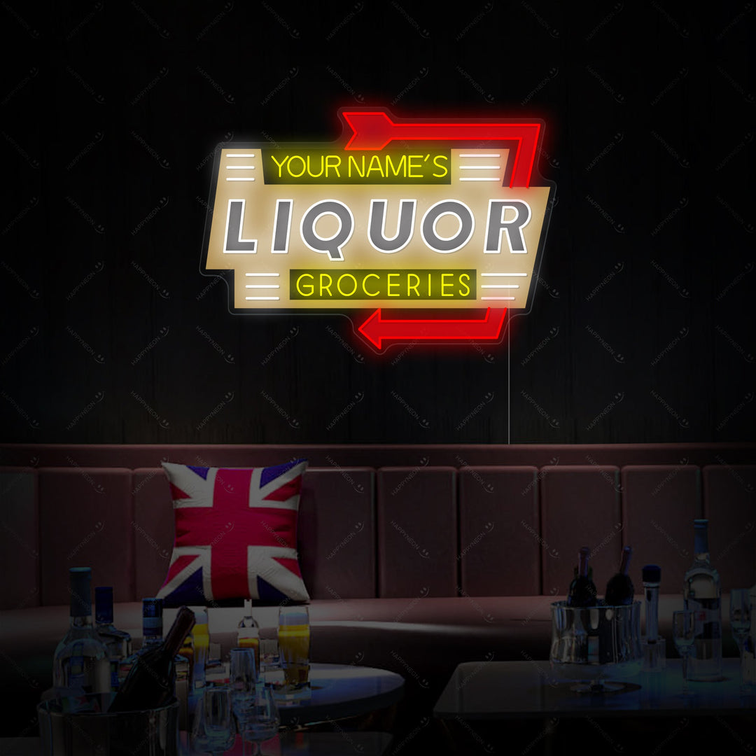 "Custom Liquor Groceries" Insegna al neon