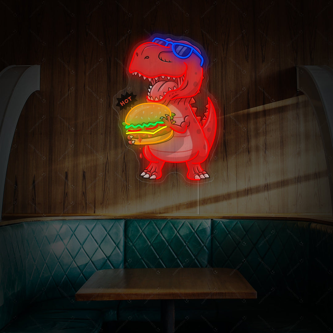 "Dinosauro che mangia l'hamburger" Insegna al neon