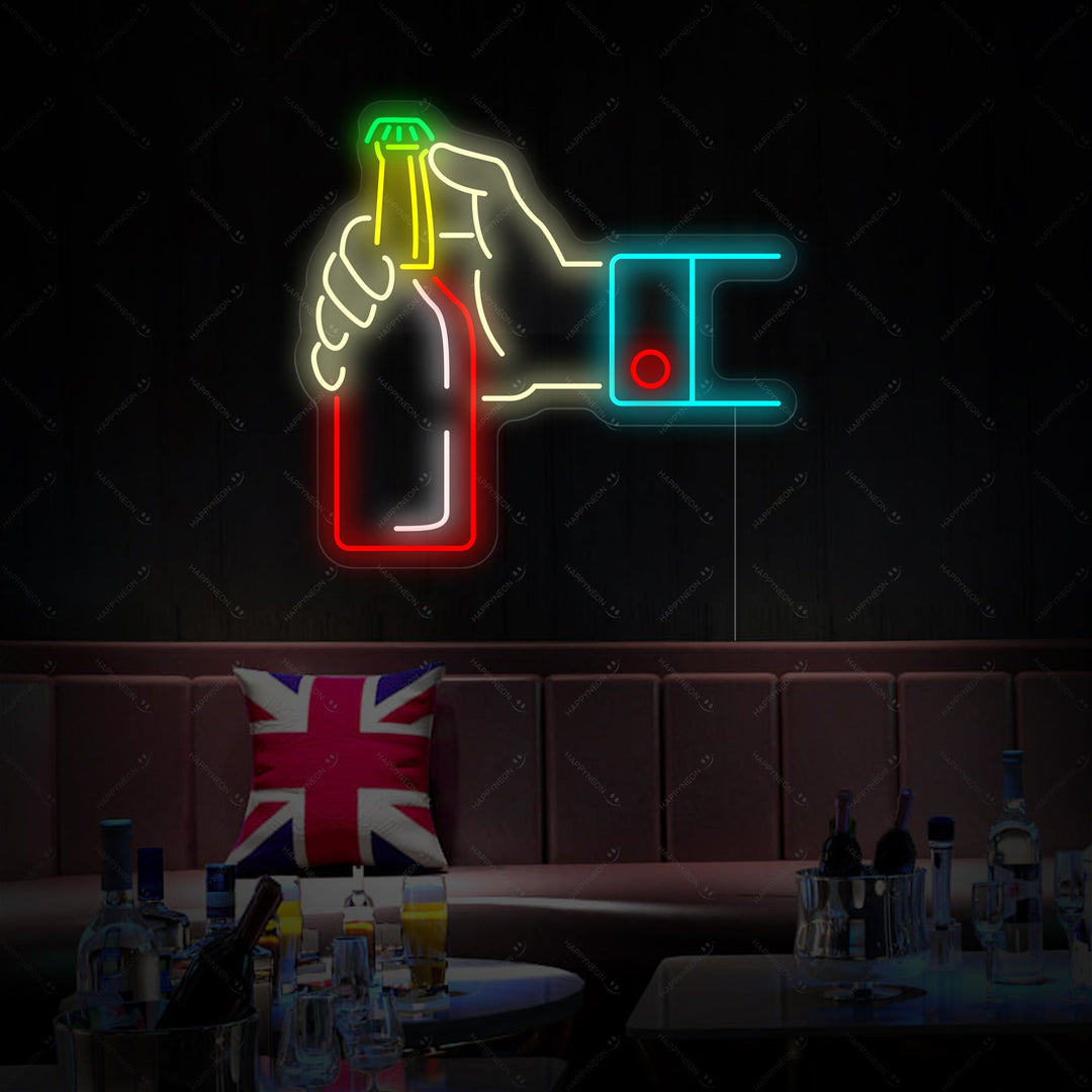 "Mano che apre la bottiglia di birra" Insegna al neon