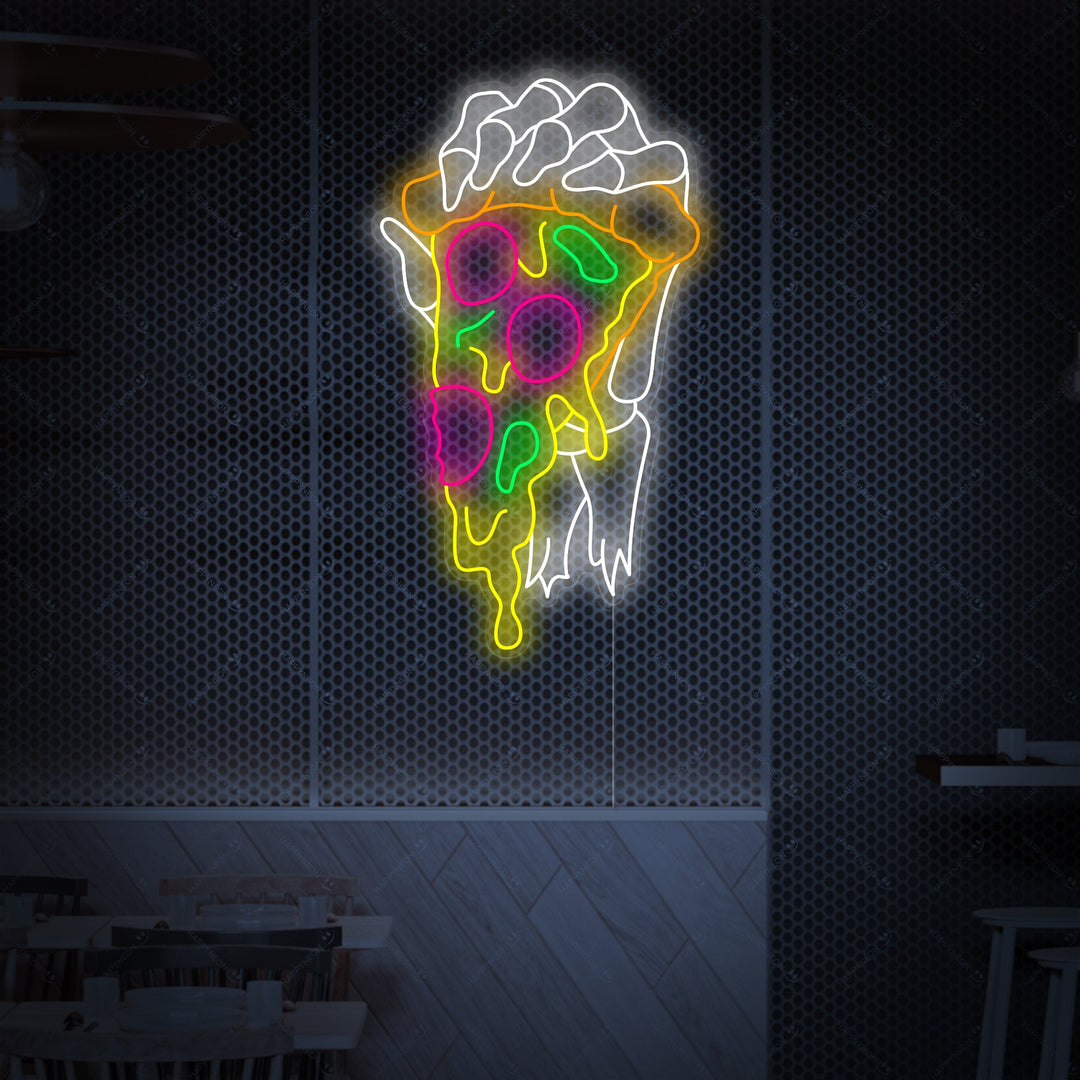 "Mano scheletrica che tiene la pizza" Insegna al neon