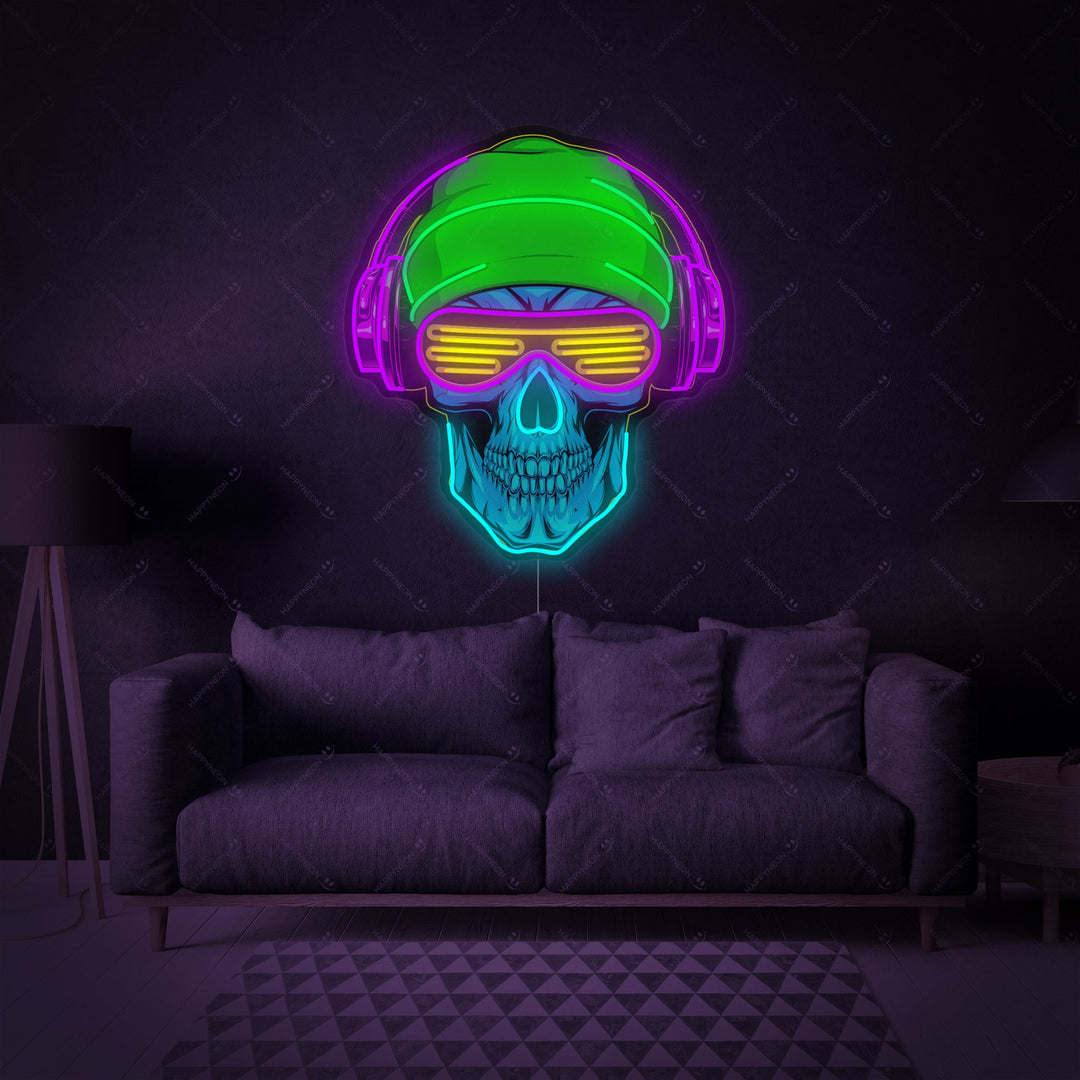"Teschio con cuffie" Insegna al neon