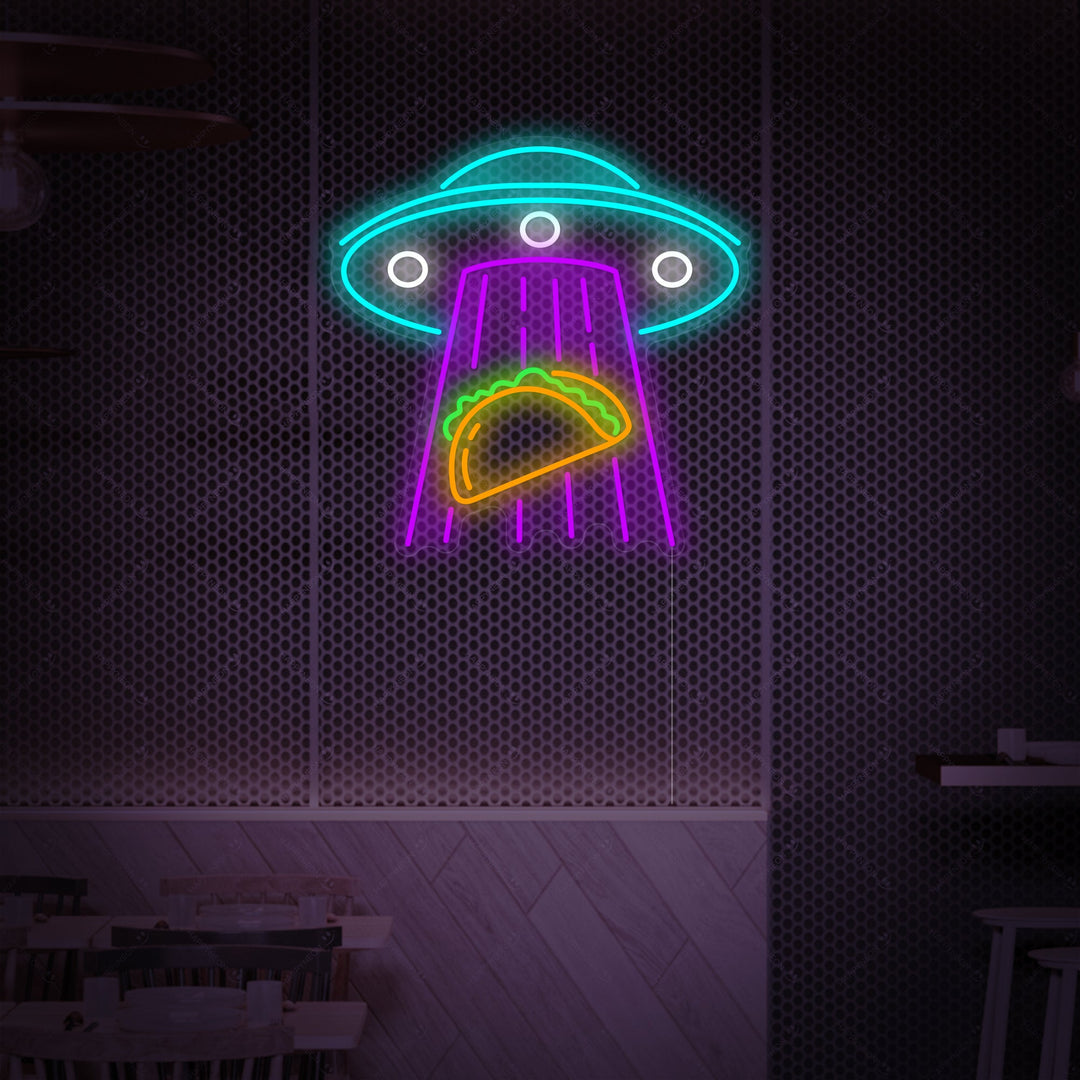 "Ufo che rapisce i tacos" Insegna al neon
