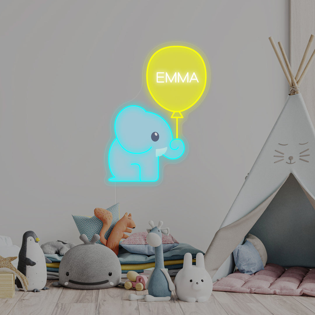 "Nome Personalizzato Con Elefante E Palloncino, Decorazione Per La Camera Dei Bambini" Insegna al neon