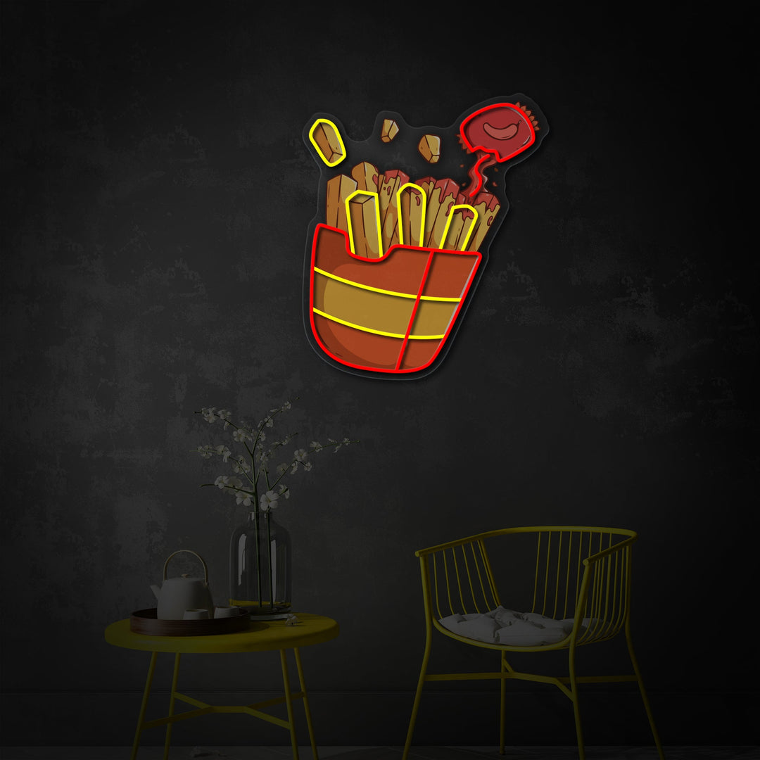 "Patatine fritte con salsa di peperoncino, fast food" Insegna al neon a LED stampata con UV