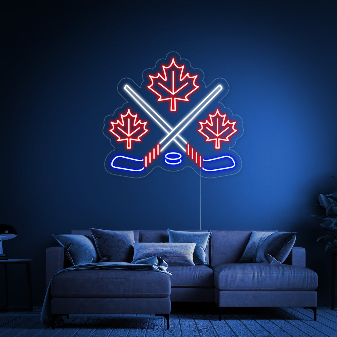 "Foglie D'Acero Con Bastoni Da Hockey Incrociati" Insegna al neon