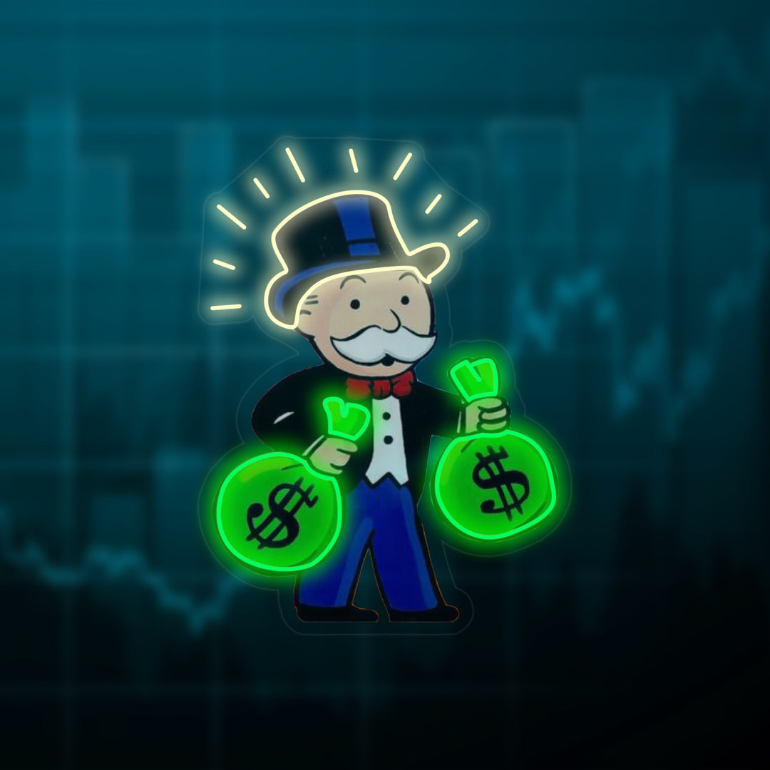 "Uomo Del Monopolio Con Borsa Di Denaro" Insegna al neon