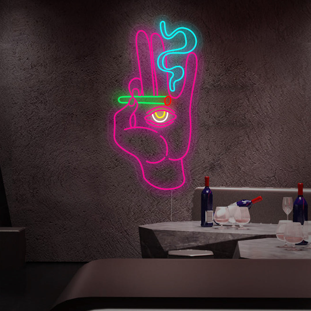 "Mano Che Fuma Con La Sigaretta Mano Occhio" Insegna al neon