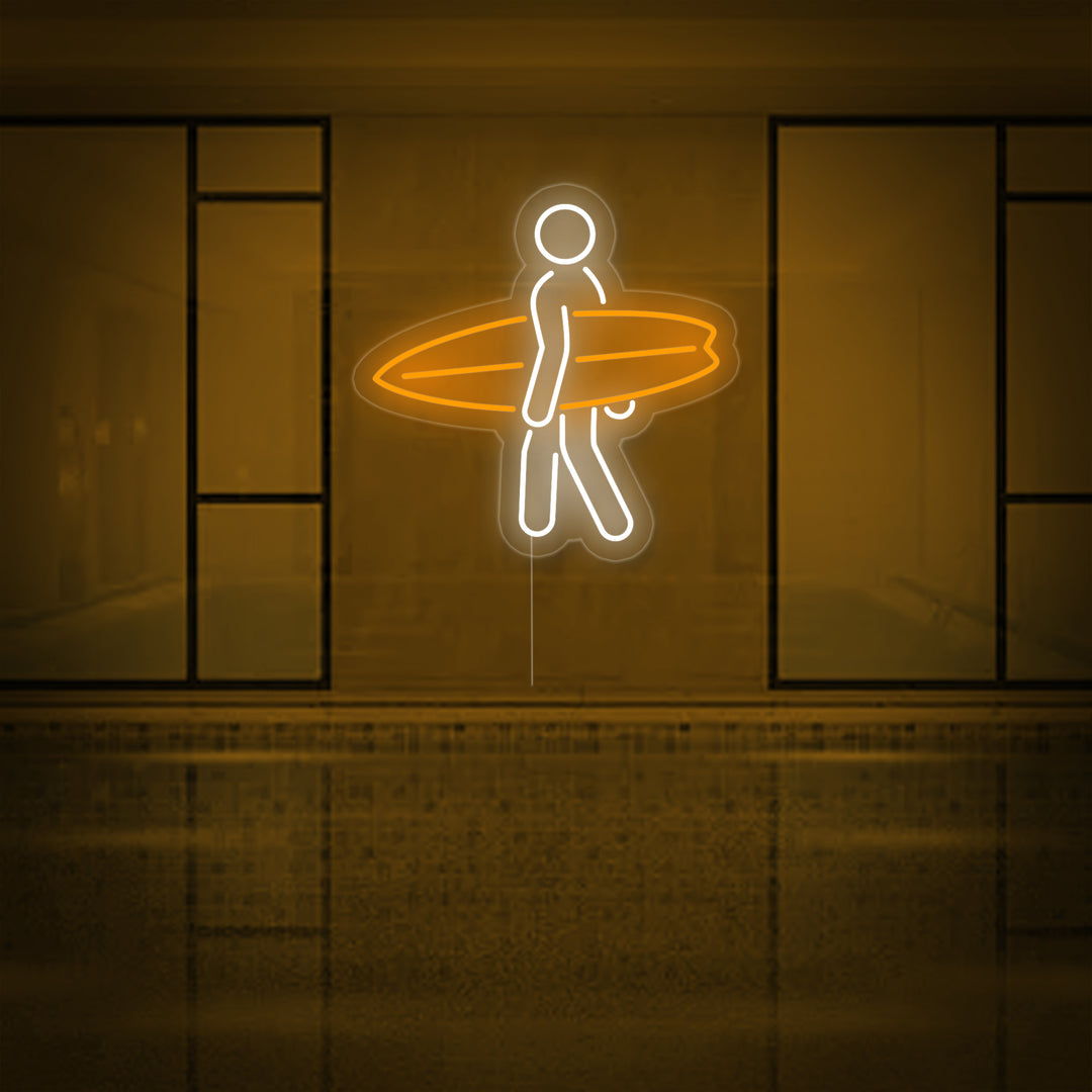 "Uomo Che Porta Una Tavola Da Surf Nello Sport Del Surf" Insegna al neon