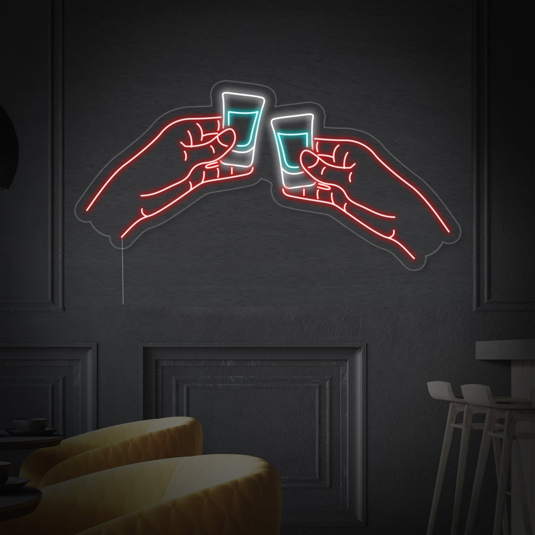 "Due Mani Che Tintinnano Bicchieri Di Vodka O Tequila Bar" Insegna al neon