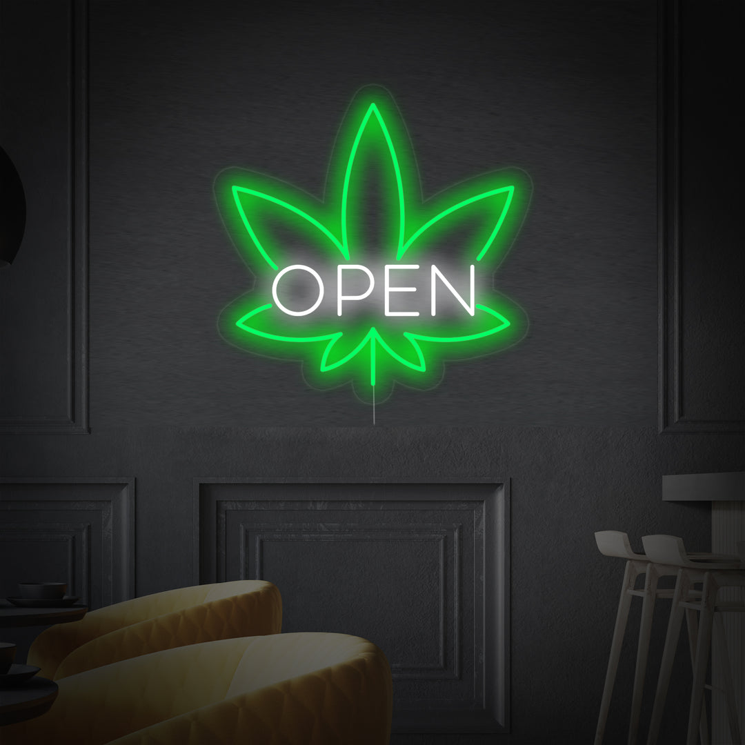 "OPEN, foglie Bar" Insegna al neon