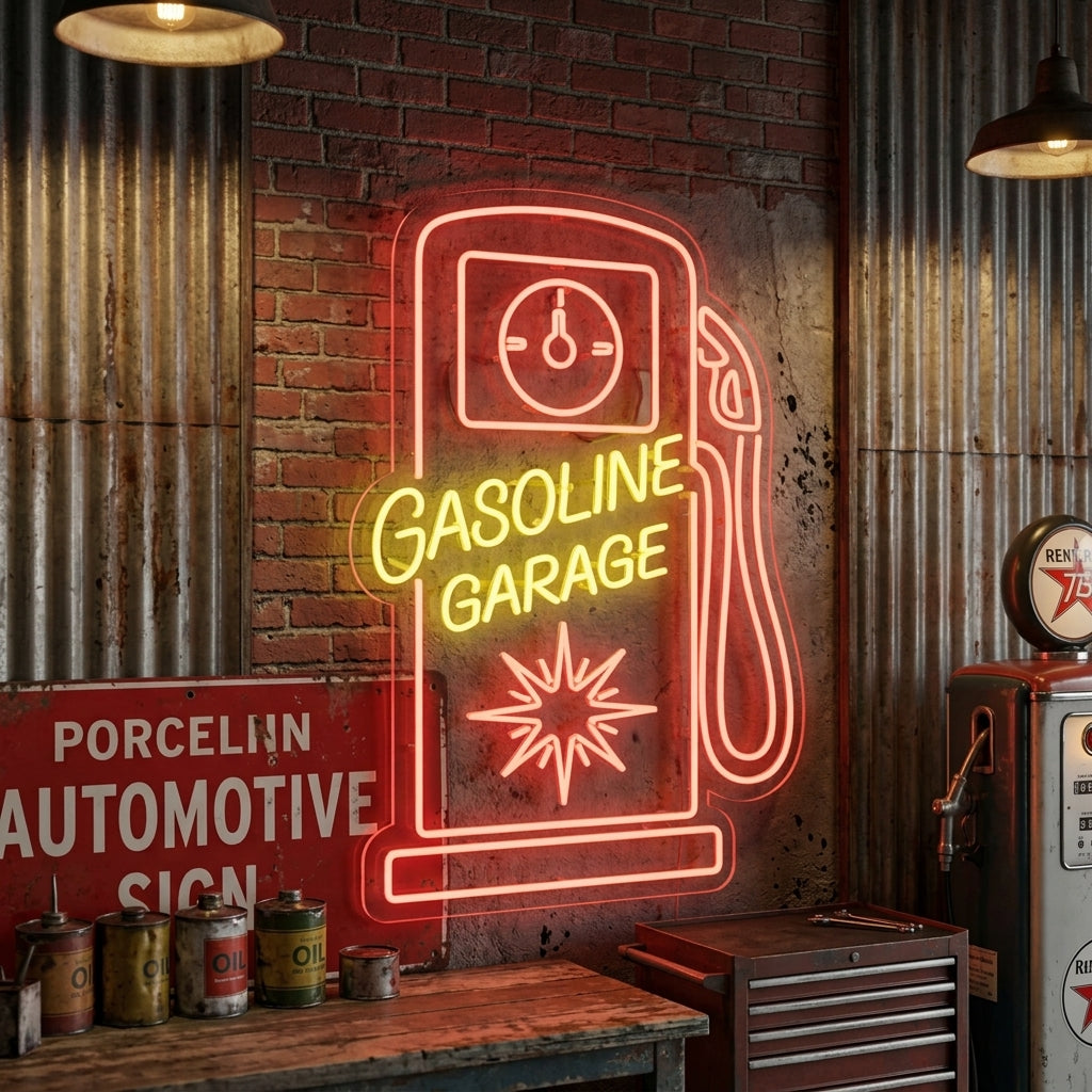 Insegna neon LED scritta Gasoline Garage con pompa benzina