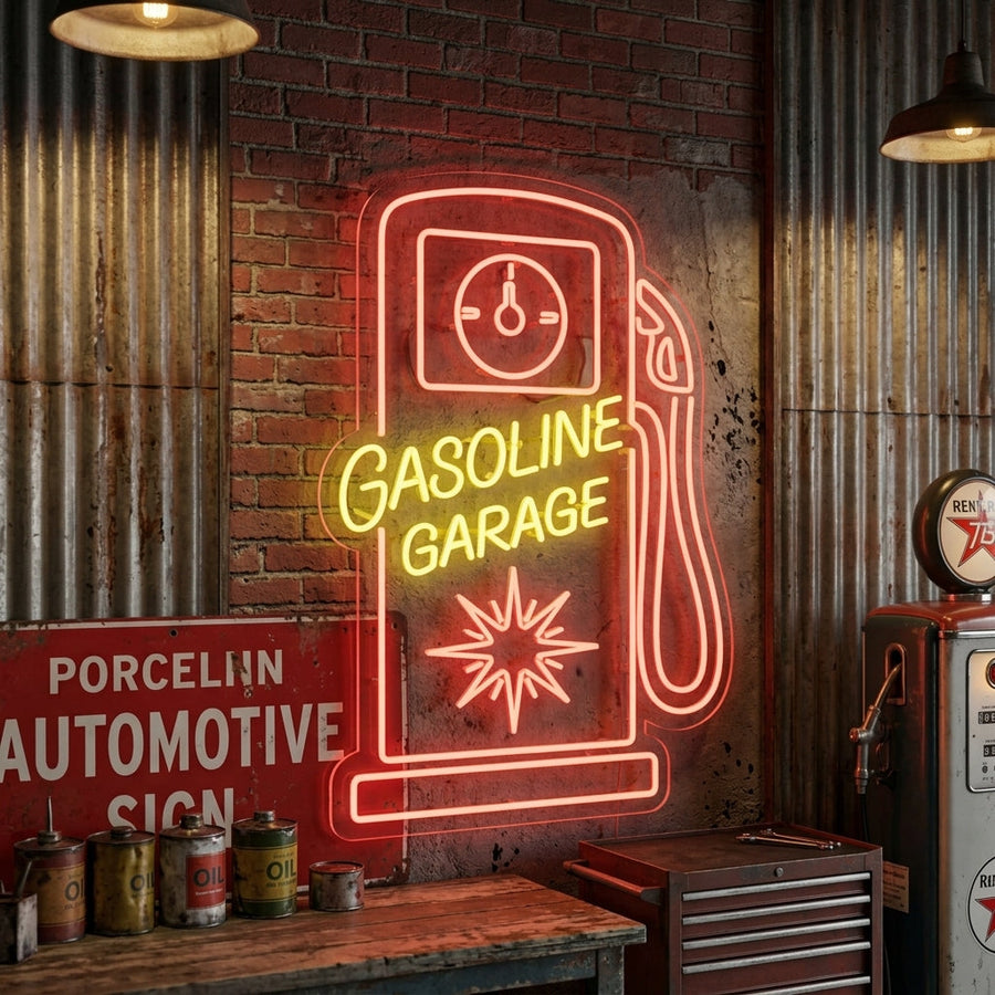 Insegna neon LED scritta Gasoline Garage con pompa benzina