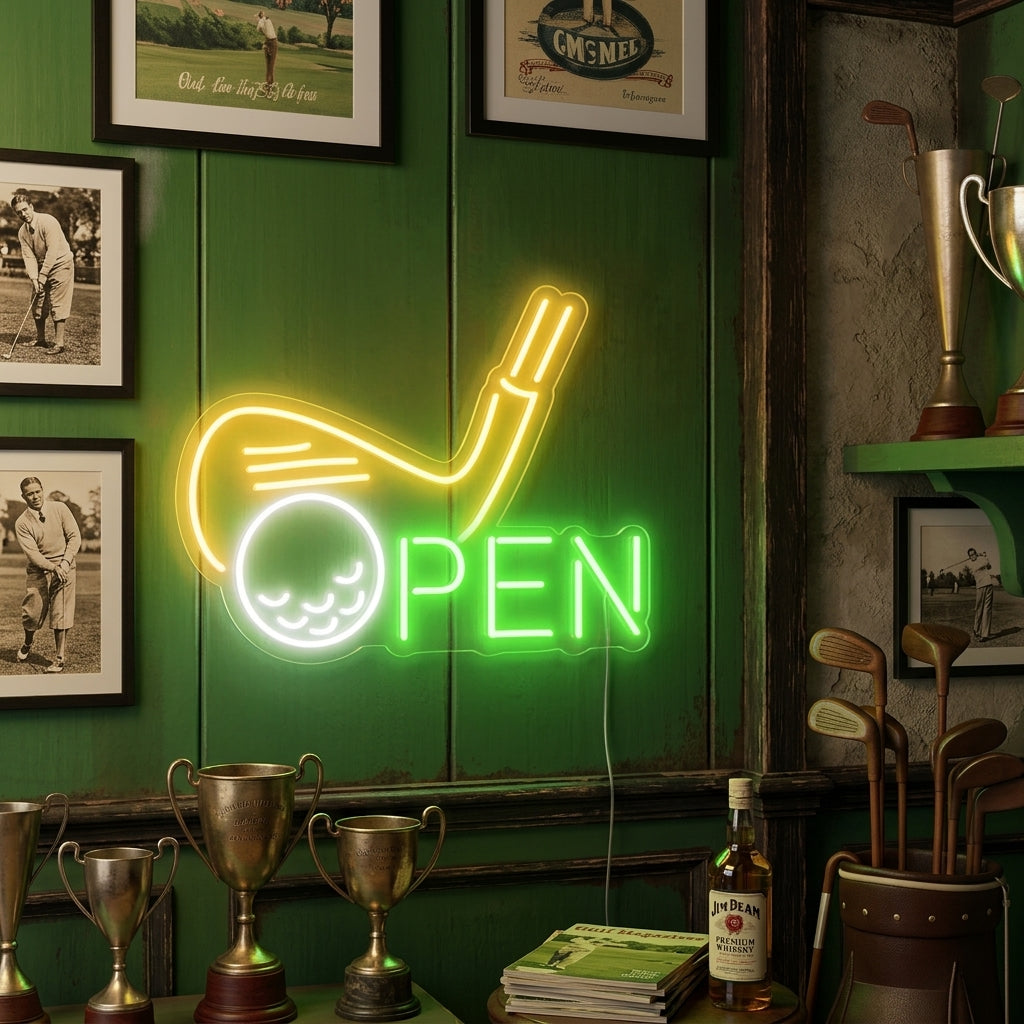 Insegna neon LED scritta OPEN con icona golf