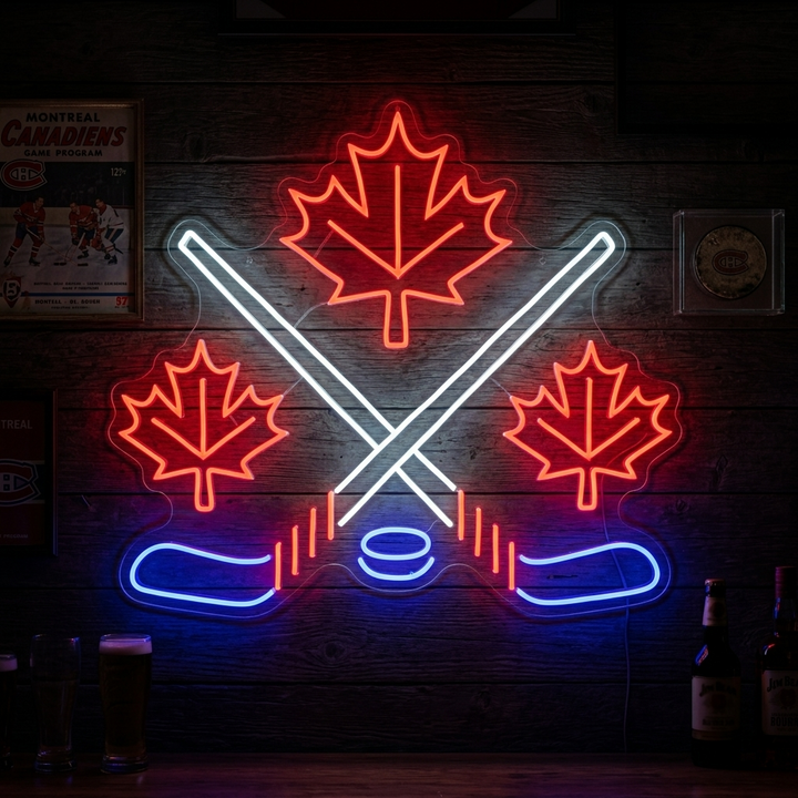 "Foglie D'Acero Con Bastoni Da Hockey Incrociati" Insegna al neon