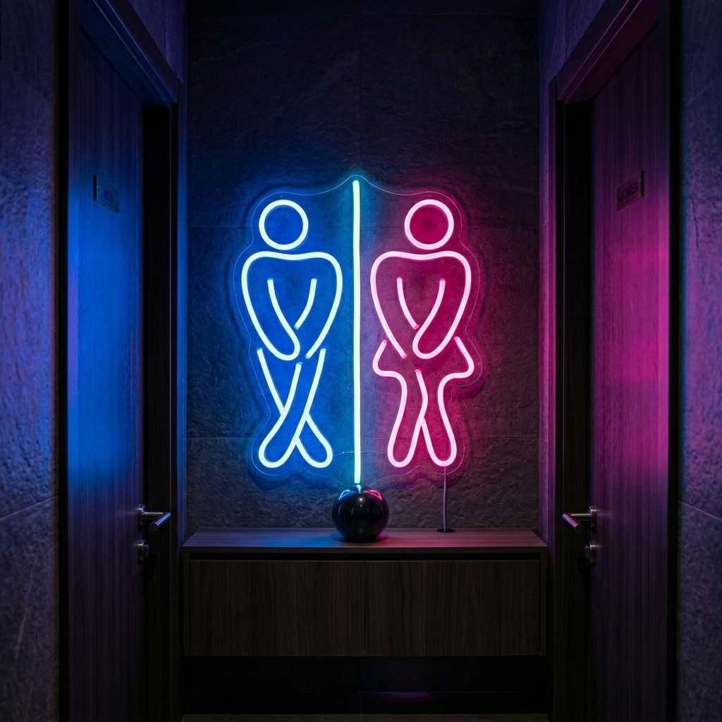Insegna al neon LED con icone uomo e donna in posa divertente davanti al bagno