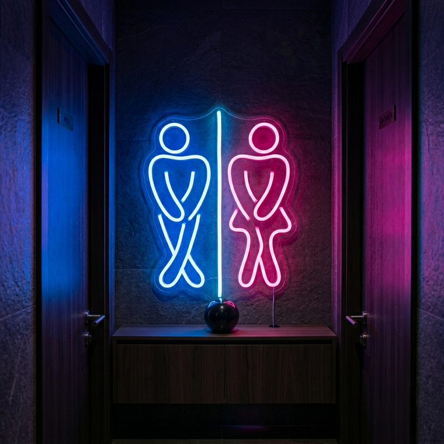 Insegna al neon LED con icone uomo e donna in posa divertente davanti al bagno