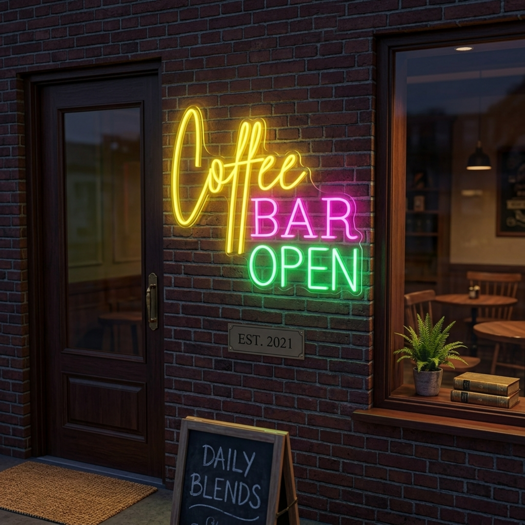 "Coffee Bar Open" Insegna al neon