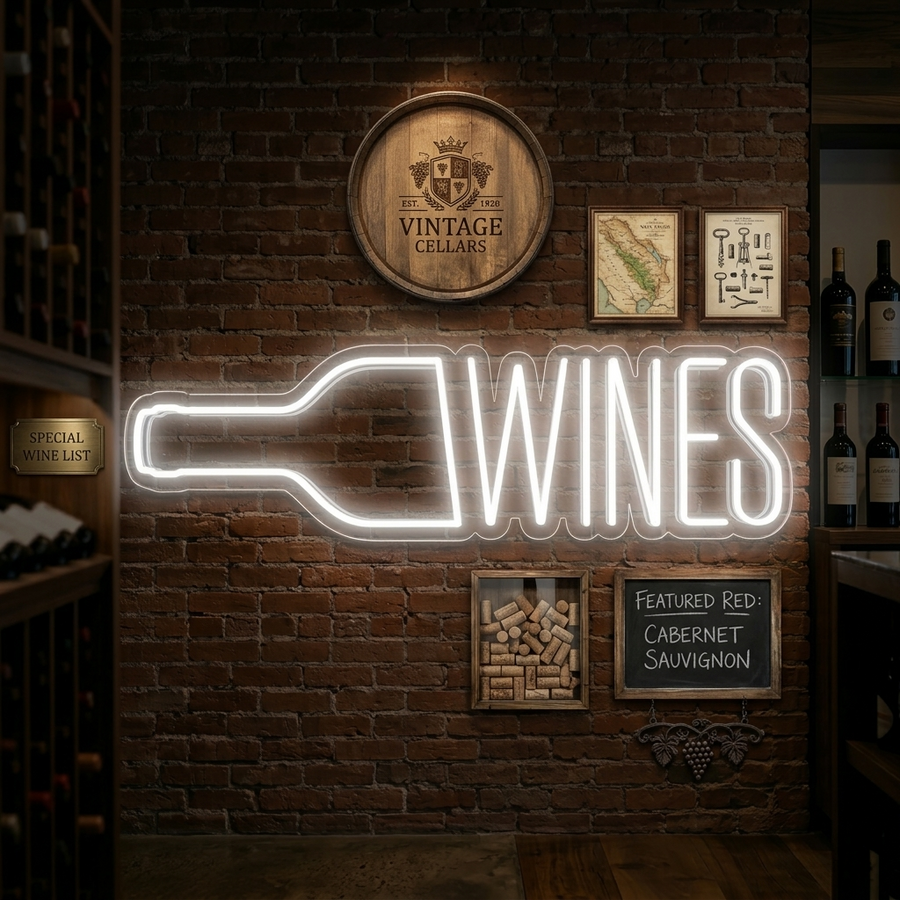 Insegna neon LED con sagoma di bottiglia e scritta “WINES”