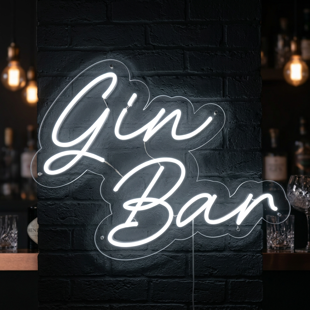 Insegna neon LED bianca con la scritta “Gin Bar”