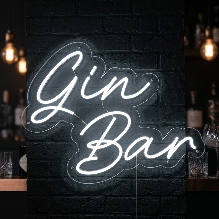 Insegna neon LED bianca con la scritta “Gin Bar”