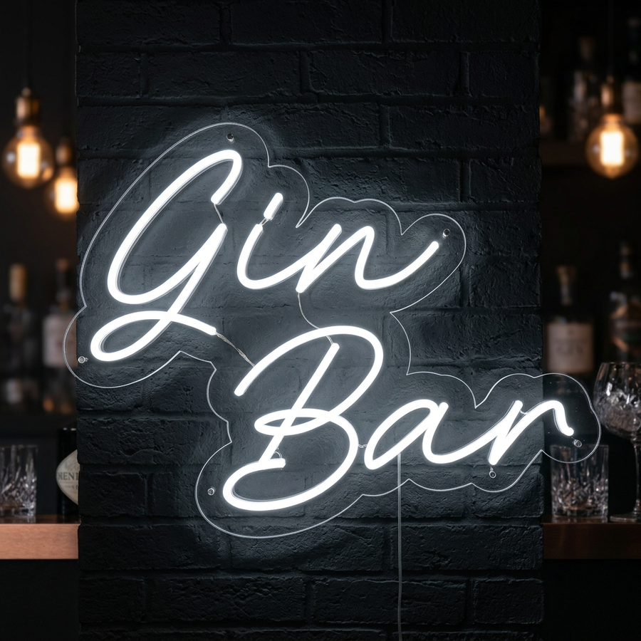 Insegna neon LED bianca con la scritta “Gin Bar”