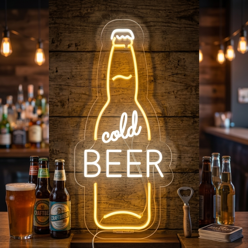 Insegna neon LED gialla a forma di bottiglia con la scritta “Cold Beer”