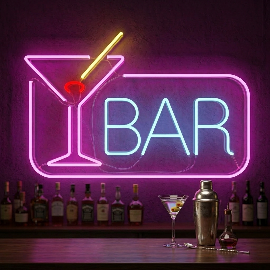Insegna neon LED con bicchiere Martini e la parola “BAR”