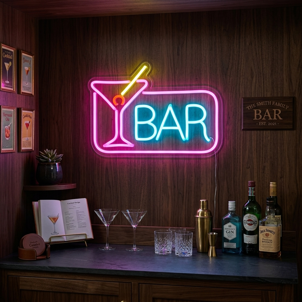 Insegna neon LED con bicchiere Martini e la parola “BAR”