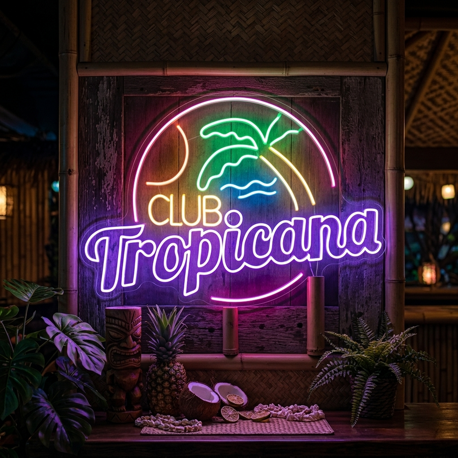 Insegna al neon LED Club Tropicana con palma, luna e onde