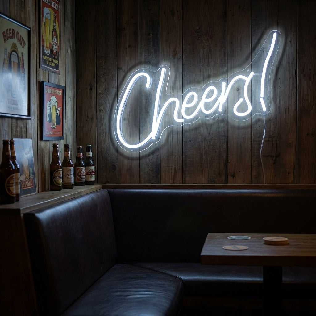 Insegna al neon LED bianca con scritta Cheers!