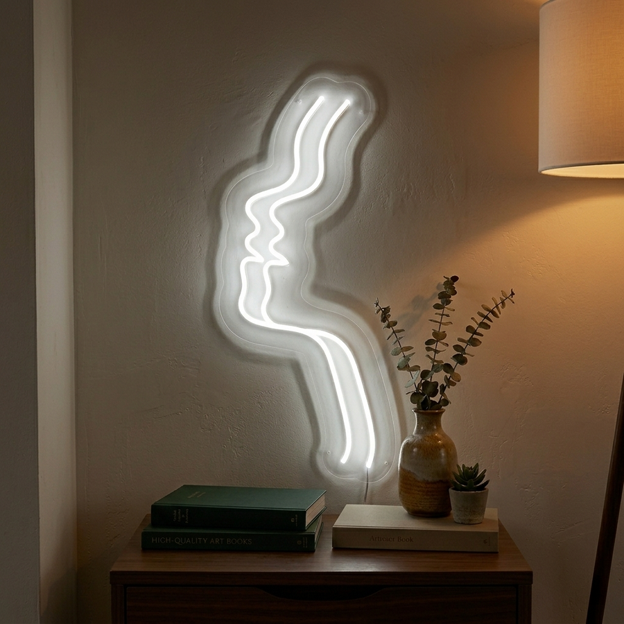 Insegna al neon LED bianca con volti line art che si baciano.