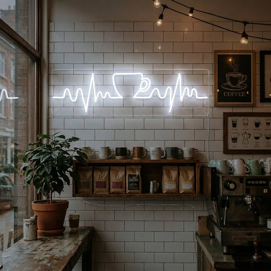 Insegna al neon LED tazza di caffè con linea del battito