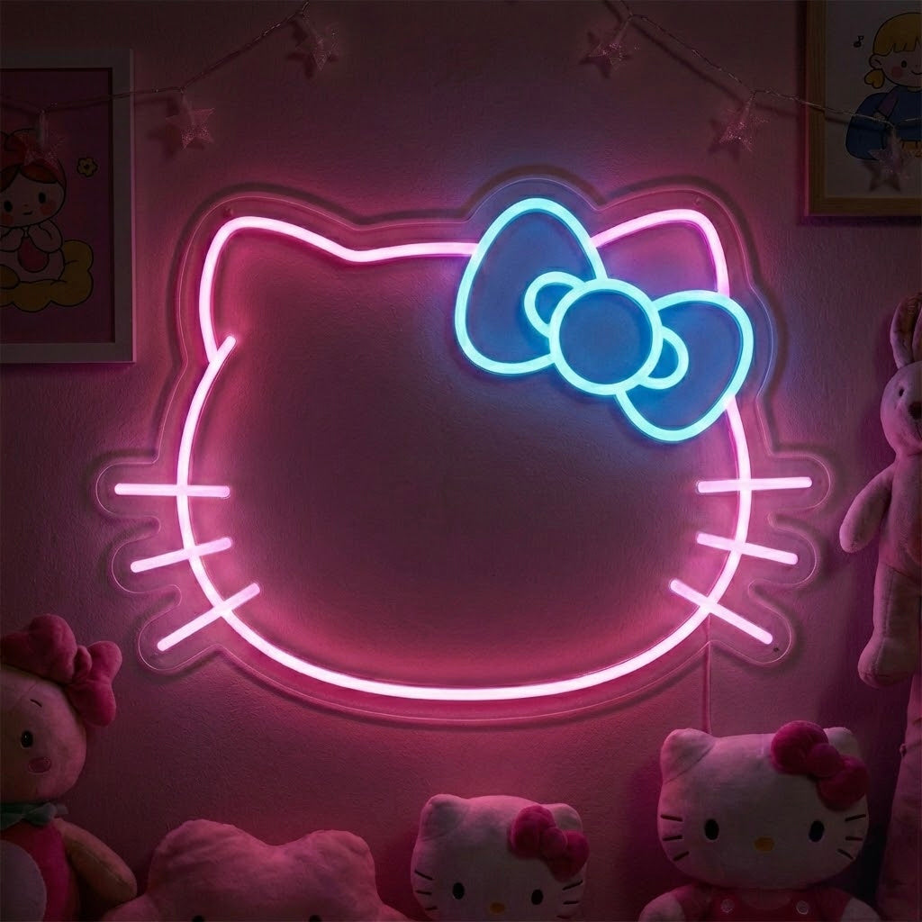 Insegna al neon LED rosa con il volto di Hello Kitty.