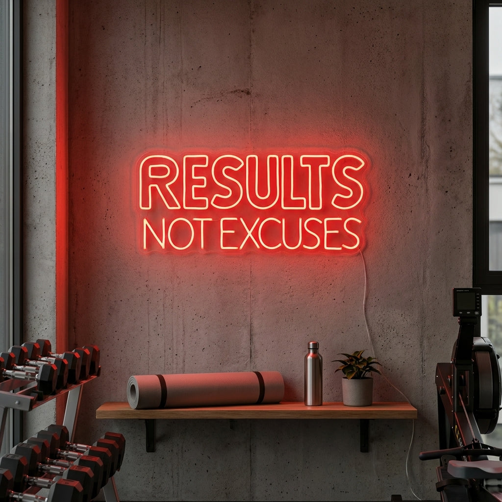 "Results Not Excuses, Decorazioni Palestra, Citazioni Palestra, Citazioni Fitness, Citazioni Allenamento" Insegna al neon