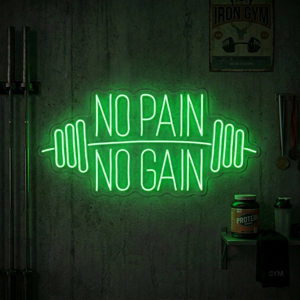 Insegna neon LED verde No Pain No Gain con manubri
