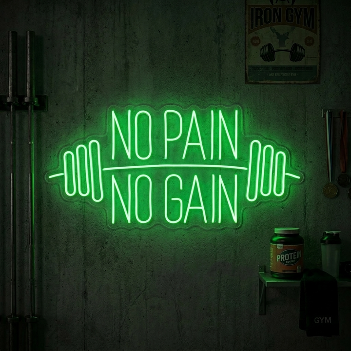 Insegna neon LED verde No Pain No Gain con manubri