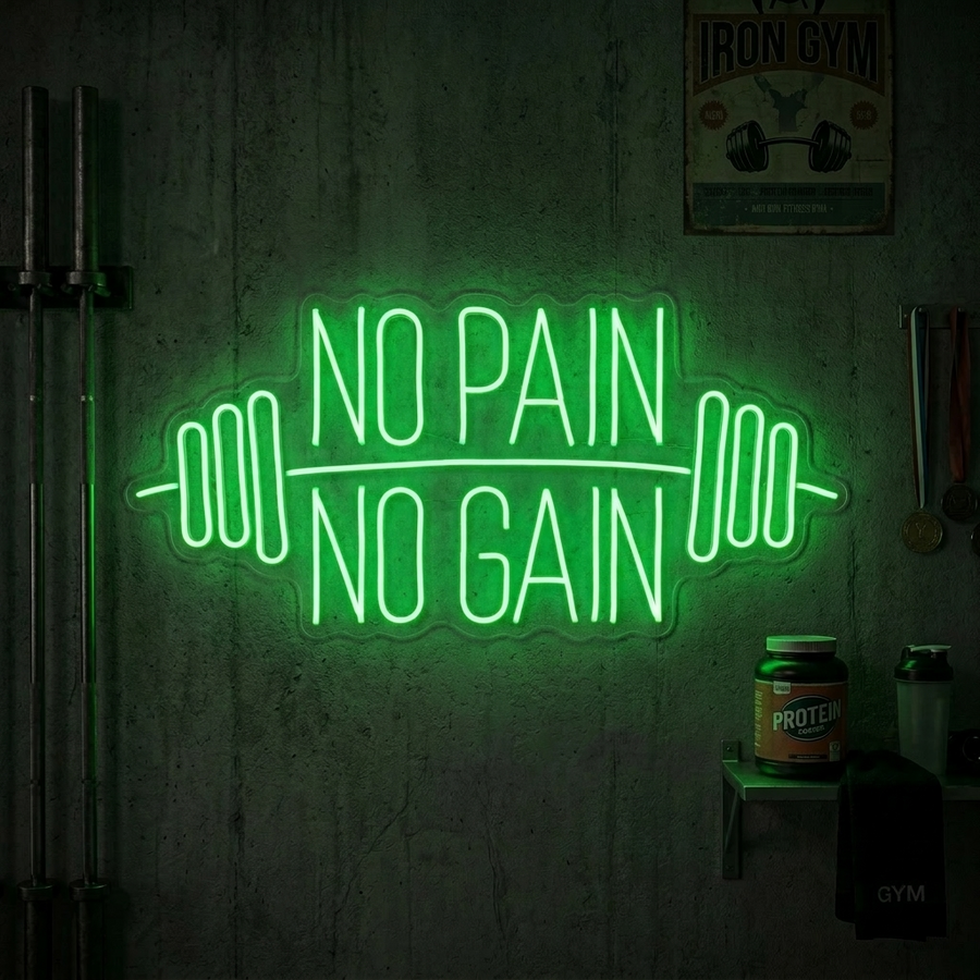 Insegna neon LED verde No Pain No Gain con manubri