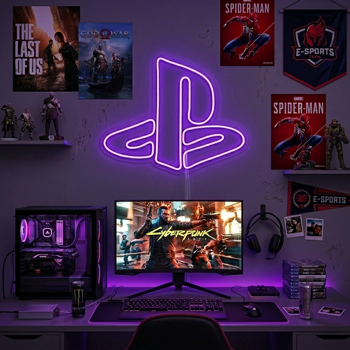 Logo PlayStation in insegna al neon LED viola su parete della gaming room