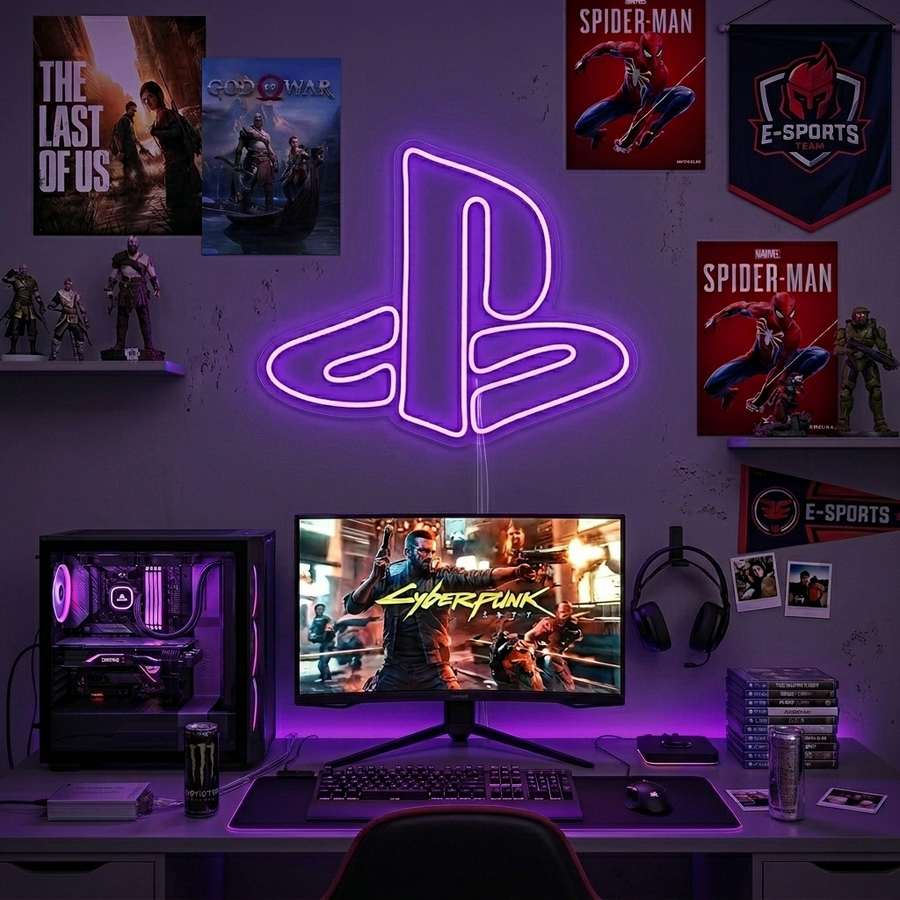 Logo PlayStation in insegna al neon LED viola su parete della gaming room