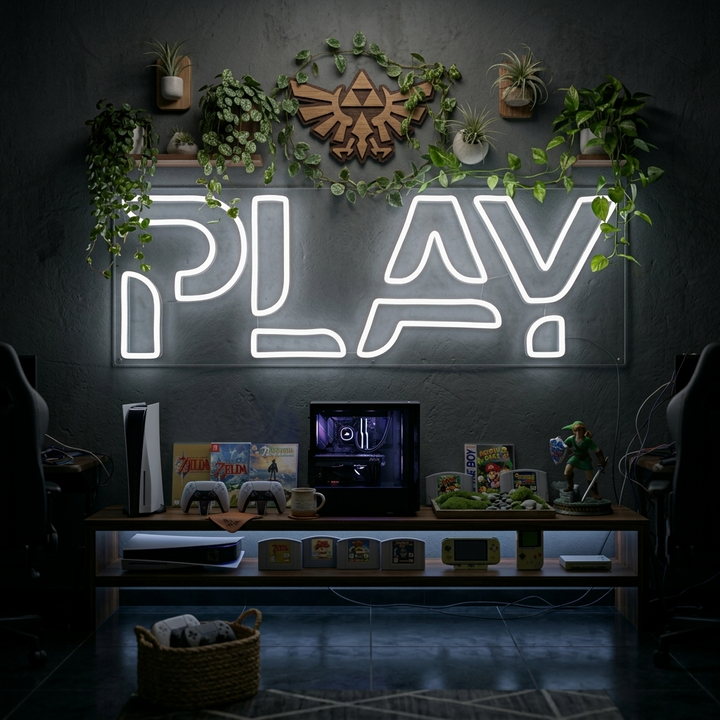 Insegna al neon LED bianca con la scritta PLAY sopra una postazione PC