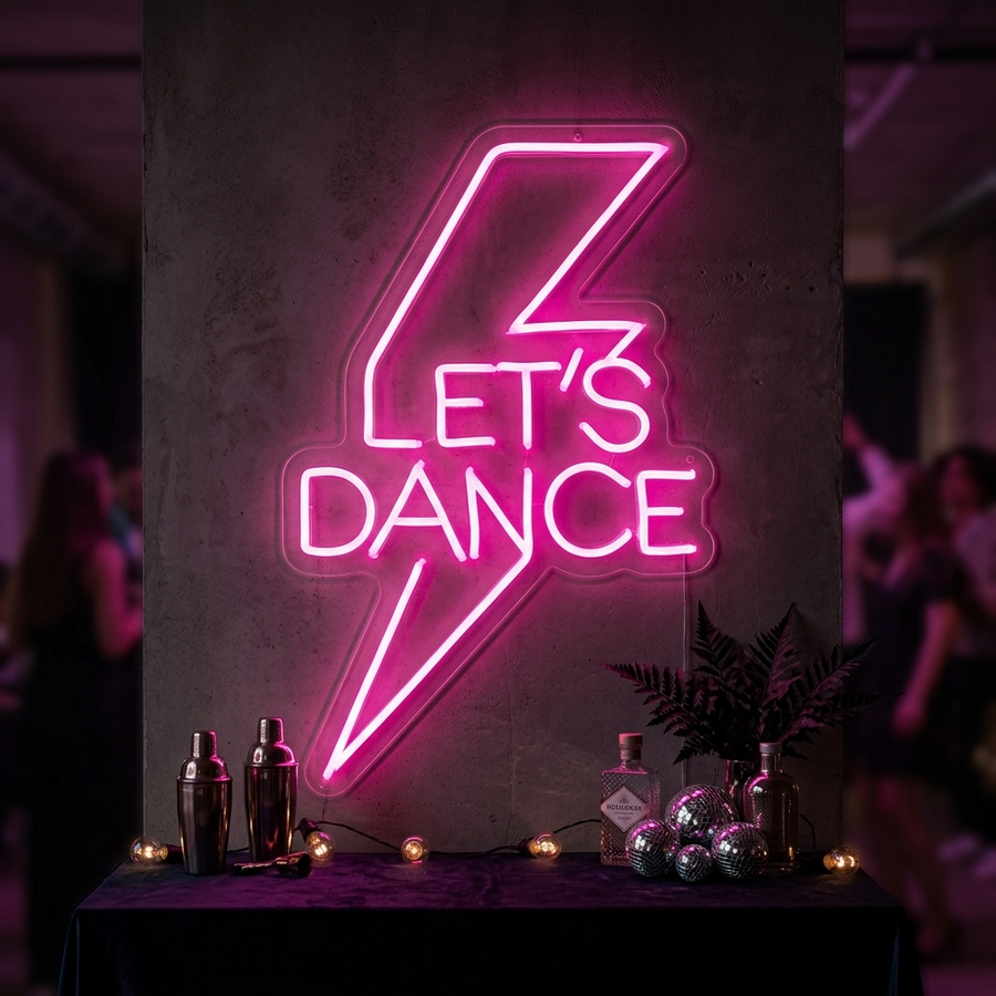 Insegna al neon LED rosa con scritta “Let’s Dance” e fulmine.
