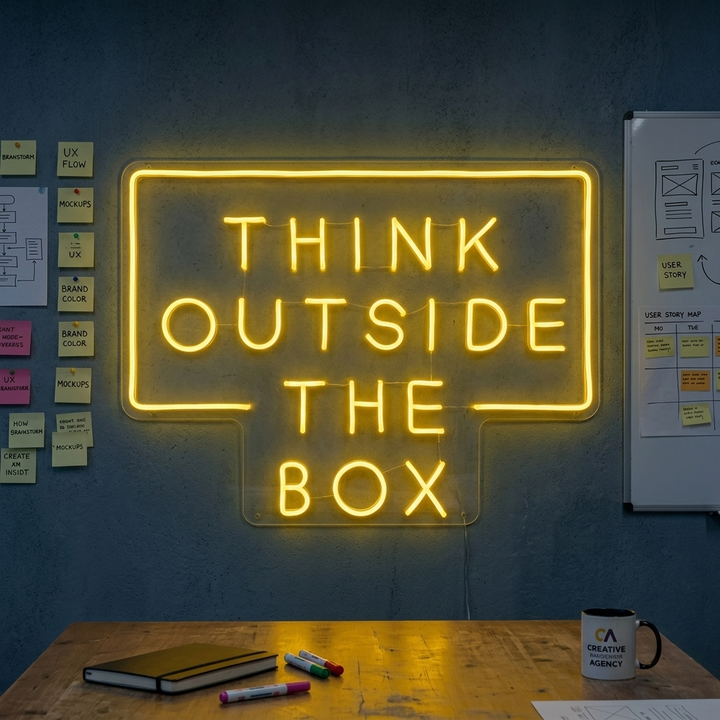 "Think Outside The Box" Insegna al neon