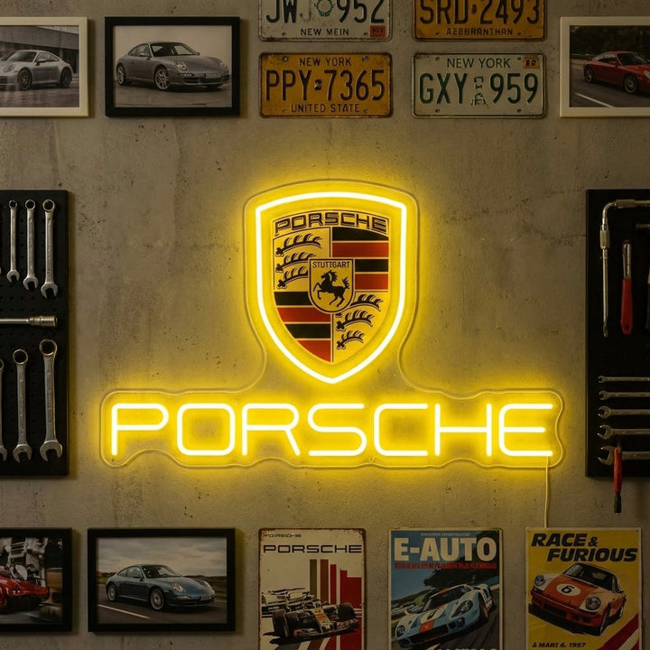 Insegna al neon LED con stemma Porsche e scritta Porsche