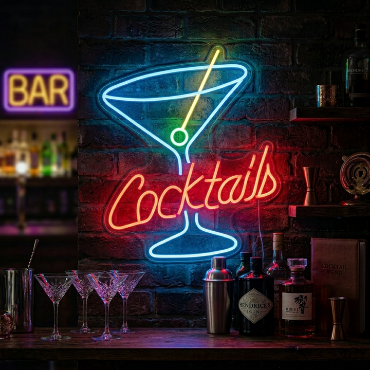 Insegna neon LED con bicchiere Martini e scritta Cocktails