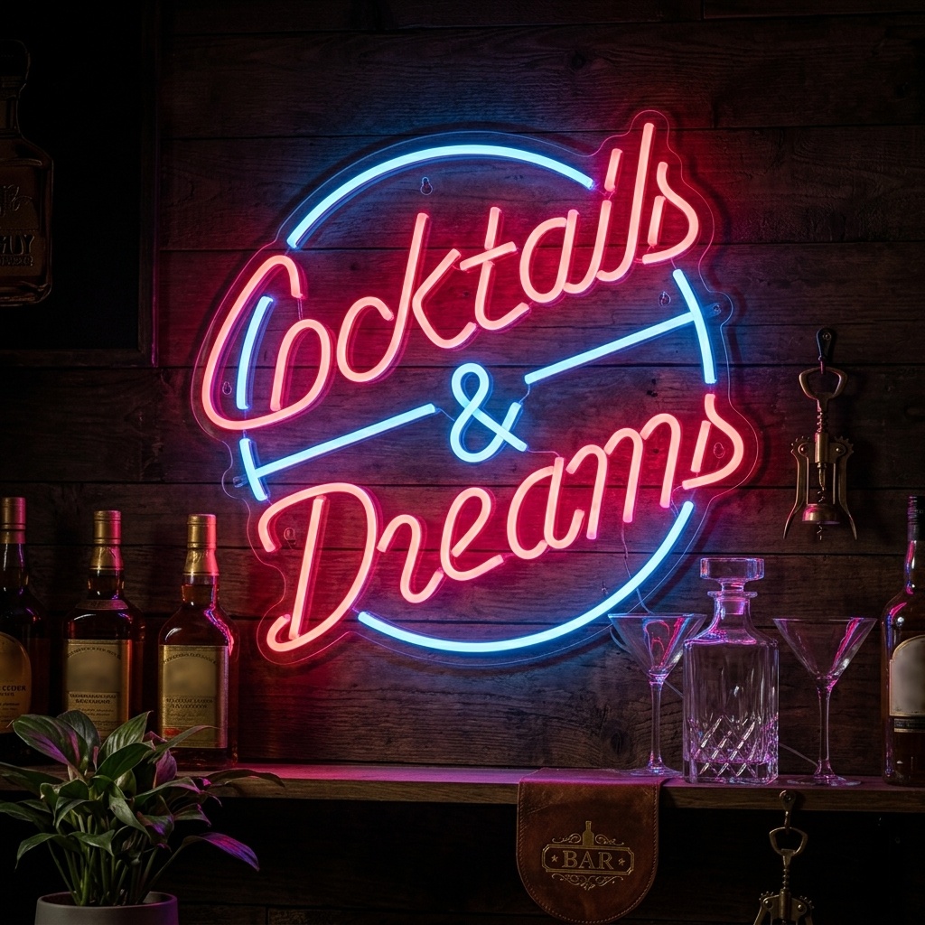 Insegna al neon LED rossa e blu con la scritta Cocktails & Dreams
