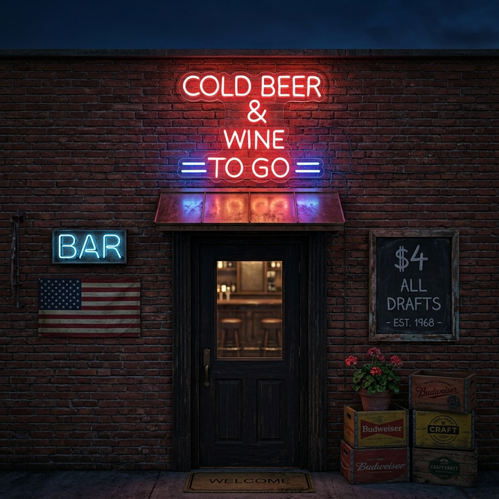"Cold Beer And Wine To Go" Insegna al neon