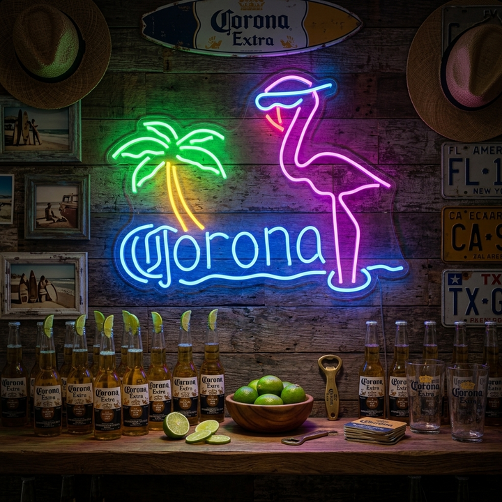 "Birra Bar Con Palma Fenicottero Rosa" Insegna al neon