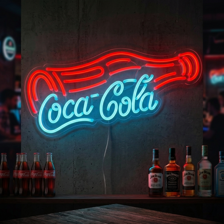 Insegna al neon LED Coca-Cola con silhouette di bottiglia