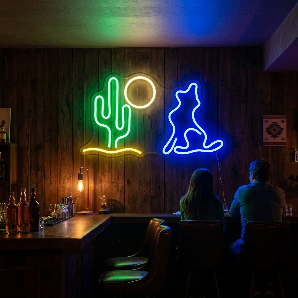 "Cactus, Luna, Lupo" Insegna al neon